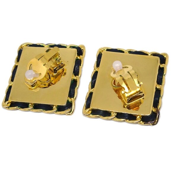Chanel Square Leather Earrings Clip-On Gold 26 - Picture 3 of 4